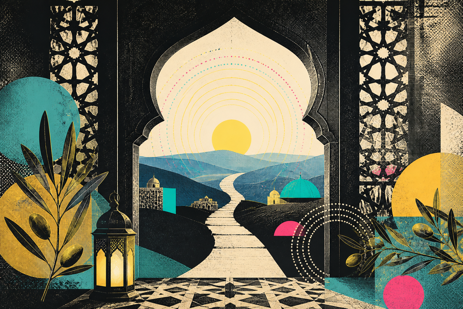 A luminous Islamic arch with geometric latticework, a lantern, and olive branches