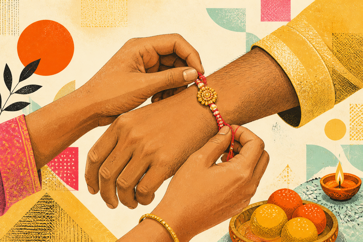 Hands tying a bright rakhi thread in a warm ceremonial setting